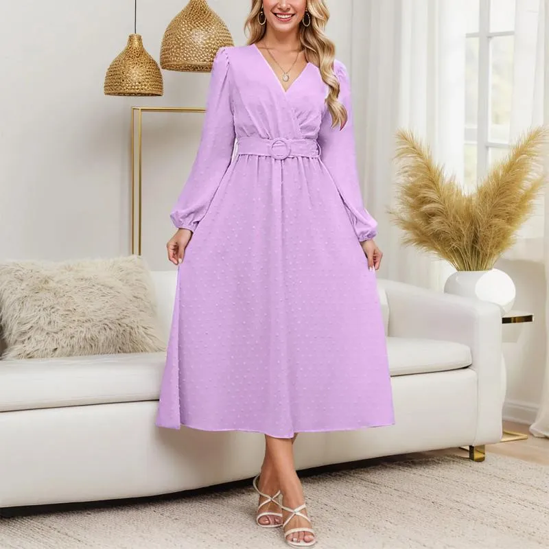 Abiti casual Spring Elegant Dress Women Women Solid a V-Neck Long Sleeve Vintage Vintage Excossed Maxi Fashion Sexy Vestidos 2024