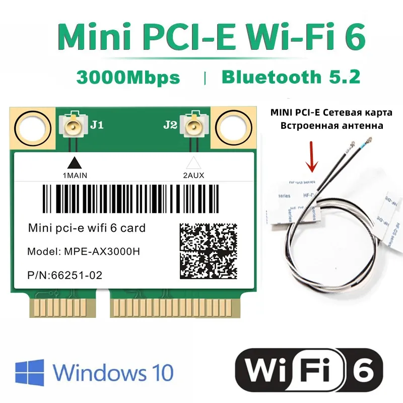 카드 Wi -Fi 6 어댑터 3000mbps Bluetooth 5.2 MPEAX3000H 미니 PCIE 무선 카드 2.4G/5GHz 용 랩탑 및 데스크탑