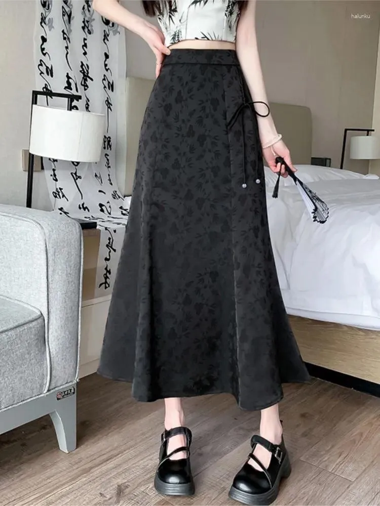 【WOOHWA】SHIRRING SLIT LONG SK Goth Double Slit Maxi Skirt for Women Punk Black See Through