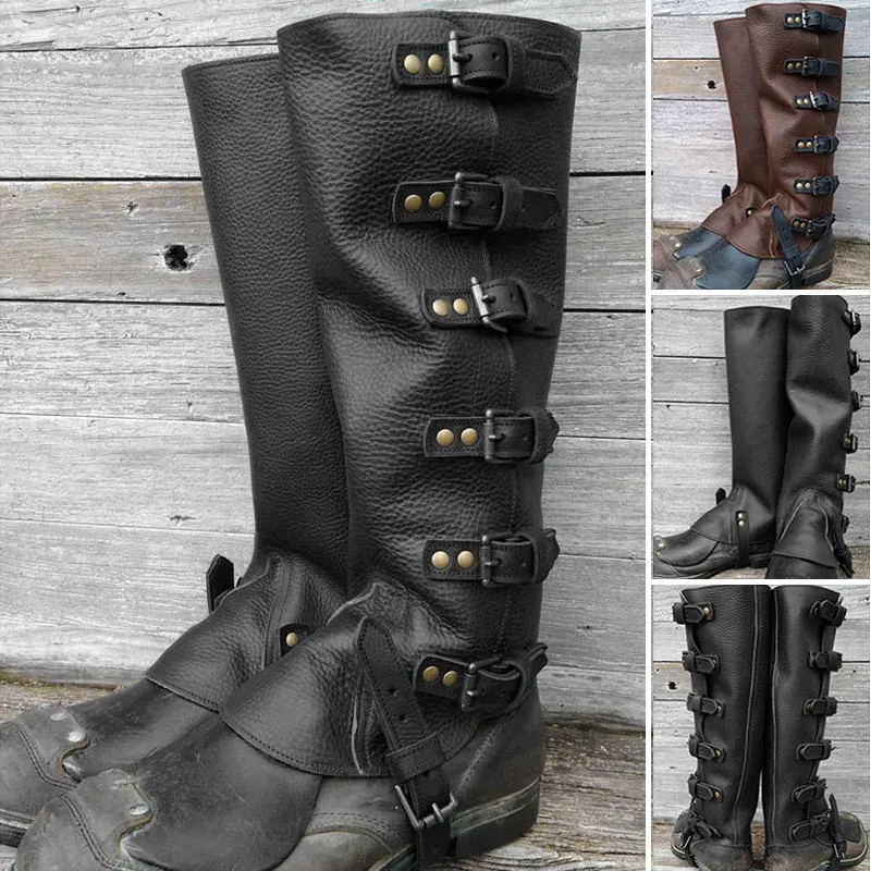 Medeltida Viking Knight Pirate Leg Armor Steampunk Shoes Boots Cover Handing Gaiter Pu Leather Greaves Half Chaps Cosplay Costume