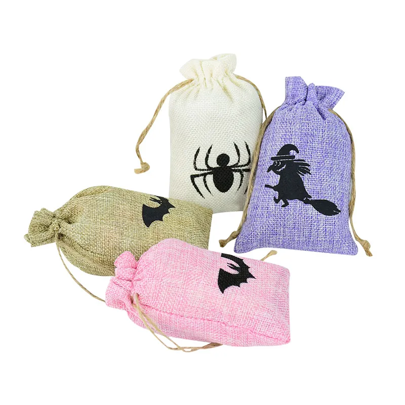 5Pcs Halloween Candy Bag Packaging Gift Party Goodie Pouches Linen Cotton Drawable Drawstring Bags Present Sweets Pouches Bat