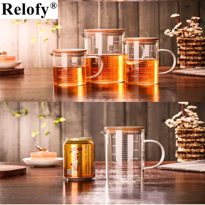 500/1000ml Measuring Glasses Crystal with Bamboo Lid Water Jug Bubble Tea Cup with Scale Mark Can Be Use The Microwave Drinkware