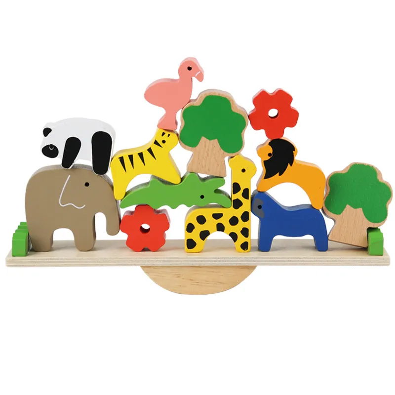 موازنة الحيوانات التعليمية الخشبية الكتل لعبة الحيوانات الخشبية تكديس الكتل الموازنة ألعاب اللعب مجموعة Montessori Toy