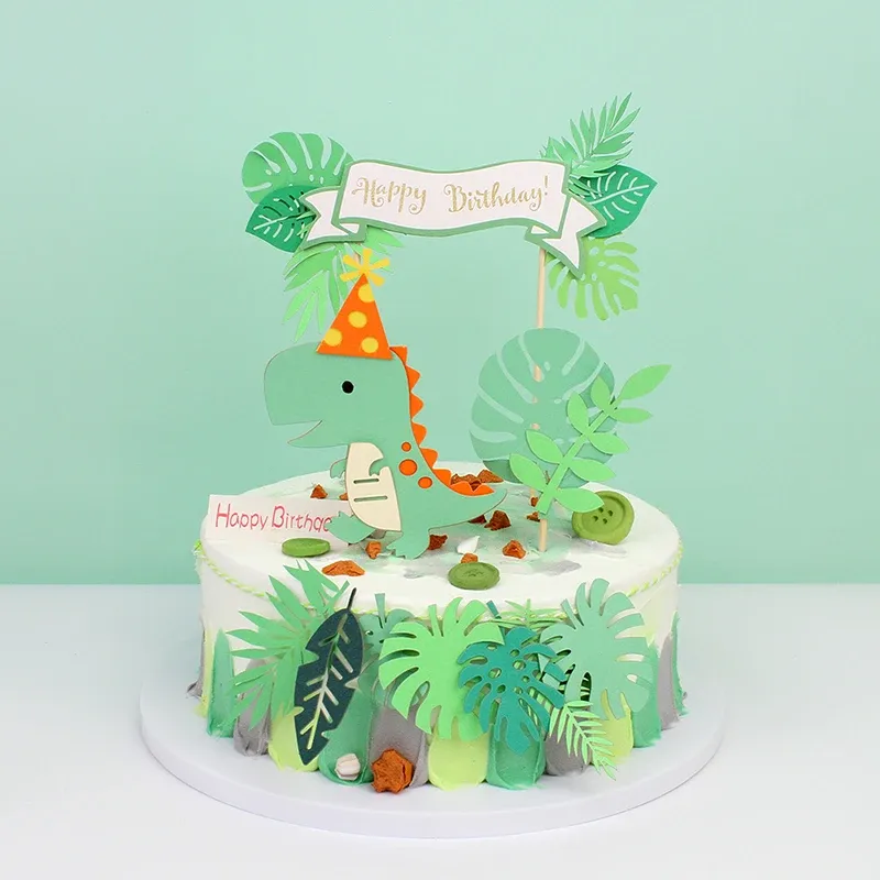 Toppers de bolo de dinossauros Jungle safari dino tem temas de festa decoração de bolo de palma folhas crianças decorações de festa de aniversário suprimentos de chá de bebê