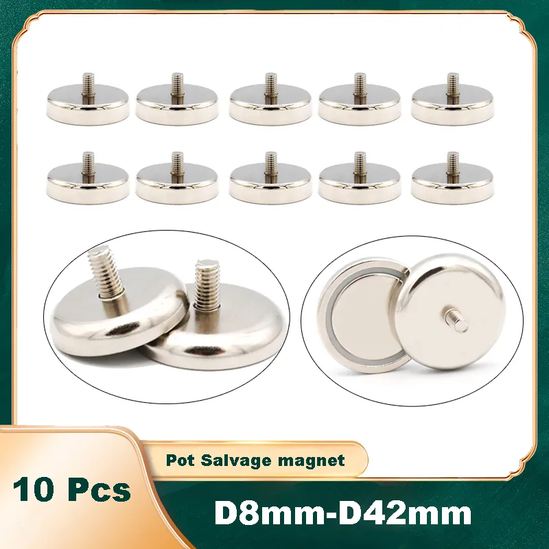 10 Pcs Super Strong Pot Salvage Neodymium Magnet Permanent Ndfeb Hook With External Threaded Rod M3 M4 M5 M6 M8 Deep Sea Hook