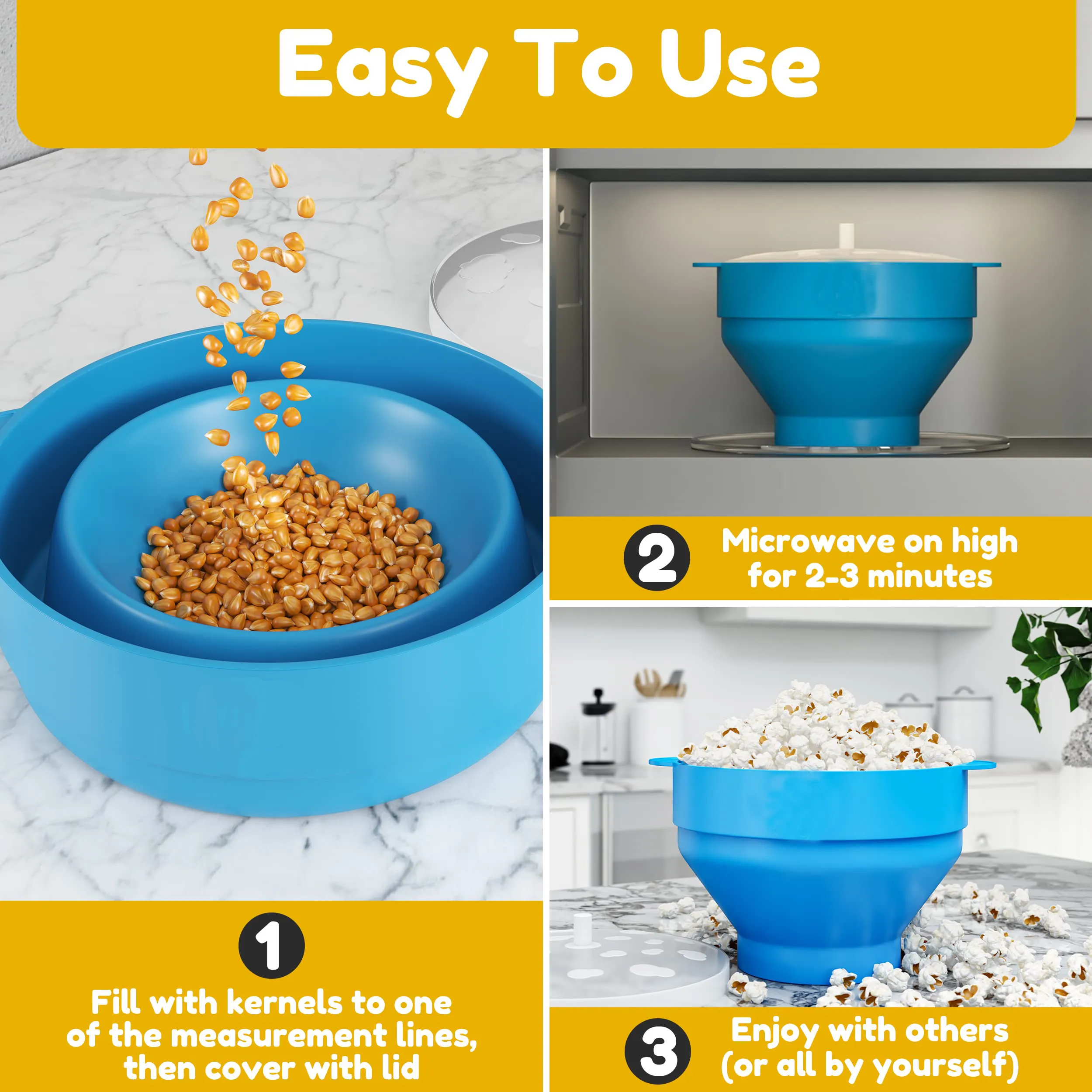 Mikrovågsugn Silikon Popcorn Popper Fenvella Collapsible Hot Air Microwavable Popcorn Maker BPA Gratis diskmaskin Safe