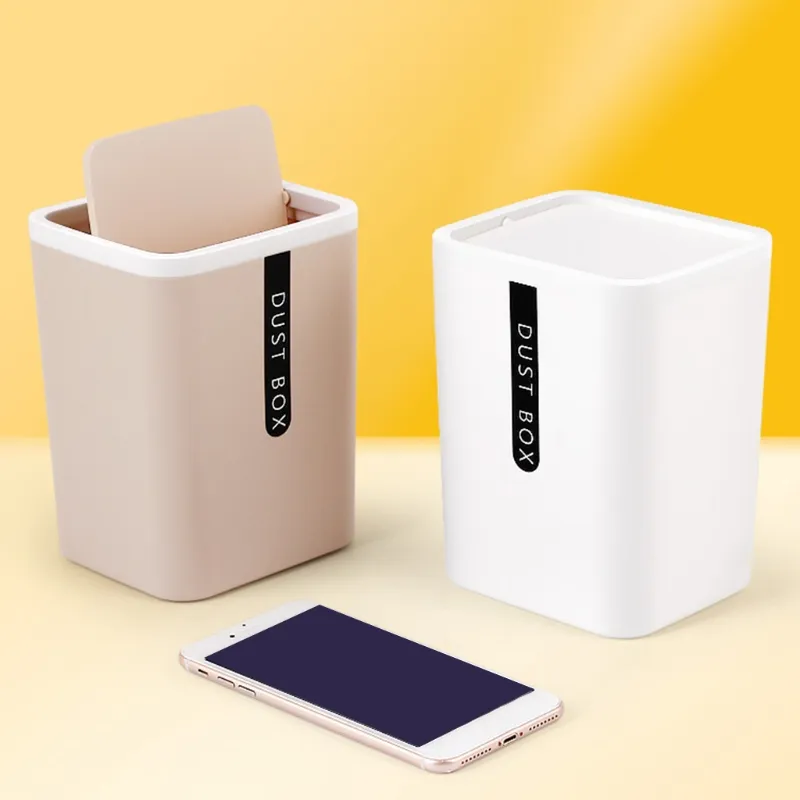 Creative Mini Desktop Trash Can Tabletop Plastic Liten Waste Bin med lock bänkskivans skräpkorg Trashbox Home Office Supplie