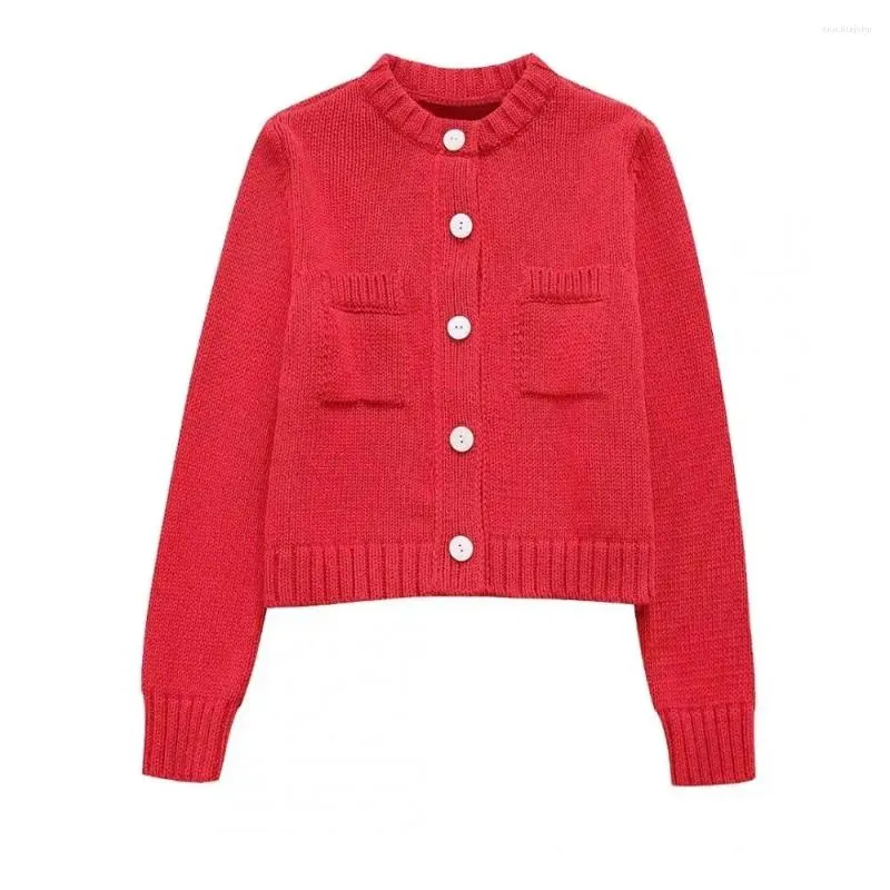 Malha feminina feminina Cardigan Red Sweaters Cabão malha de manga longa Botão frontal aberta e abobad