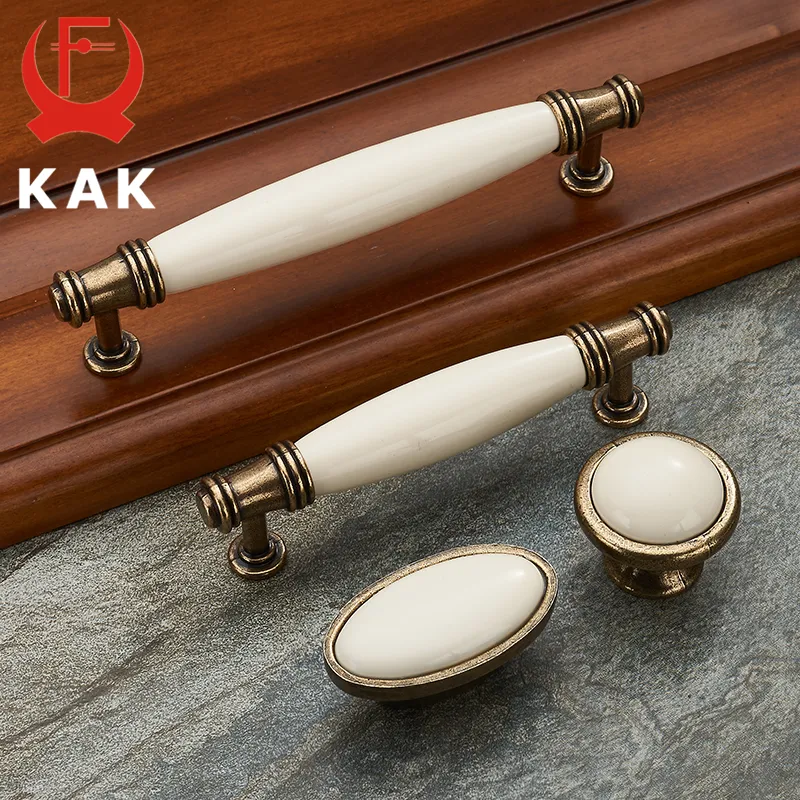 KAK 5 piece Antique Bronze Ceramic White Cabinet Handles Zinc Alloy Drawer knobs Wardrobe Door Handles European Furniture Handle