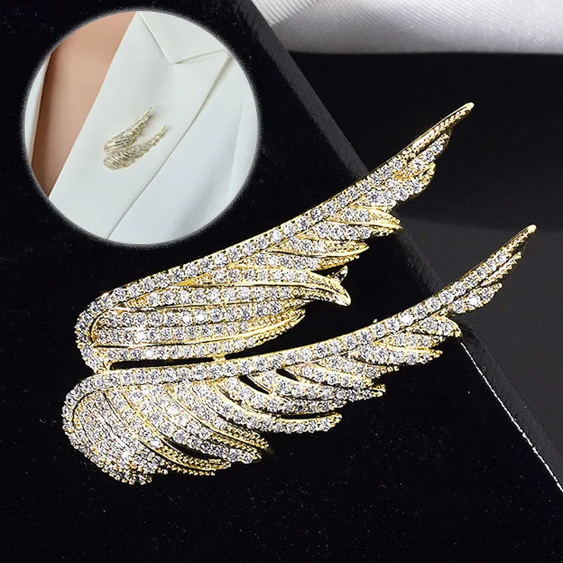 DHgate Elegant Rhinestone Angel Wings Brooches For Women Lapel Pin Clothes Decor Sparkling Feather Designer Brooches Jewelry Gifts Home Garden