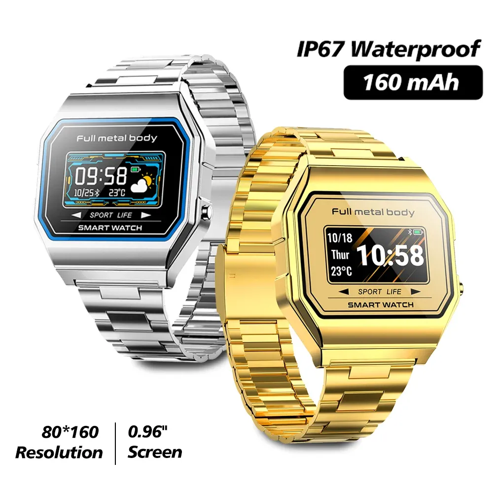 Watches Sports Smart Watch Men Super Slim Fashion Silver Steel 0.96inch 9MM Heart Rate IP67 Waterproof Smartwatch For Android IOS iPhone