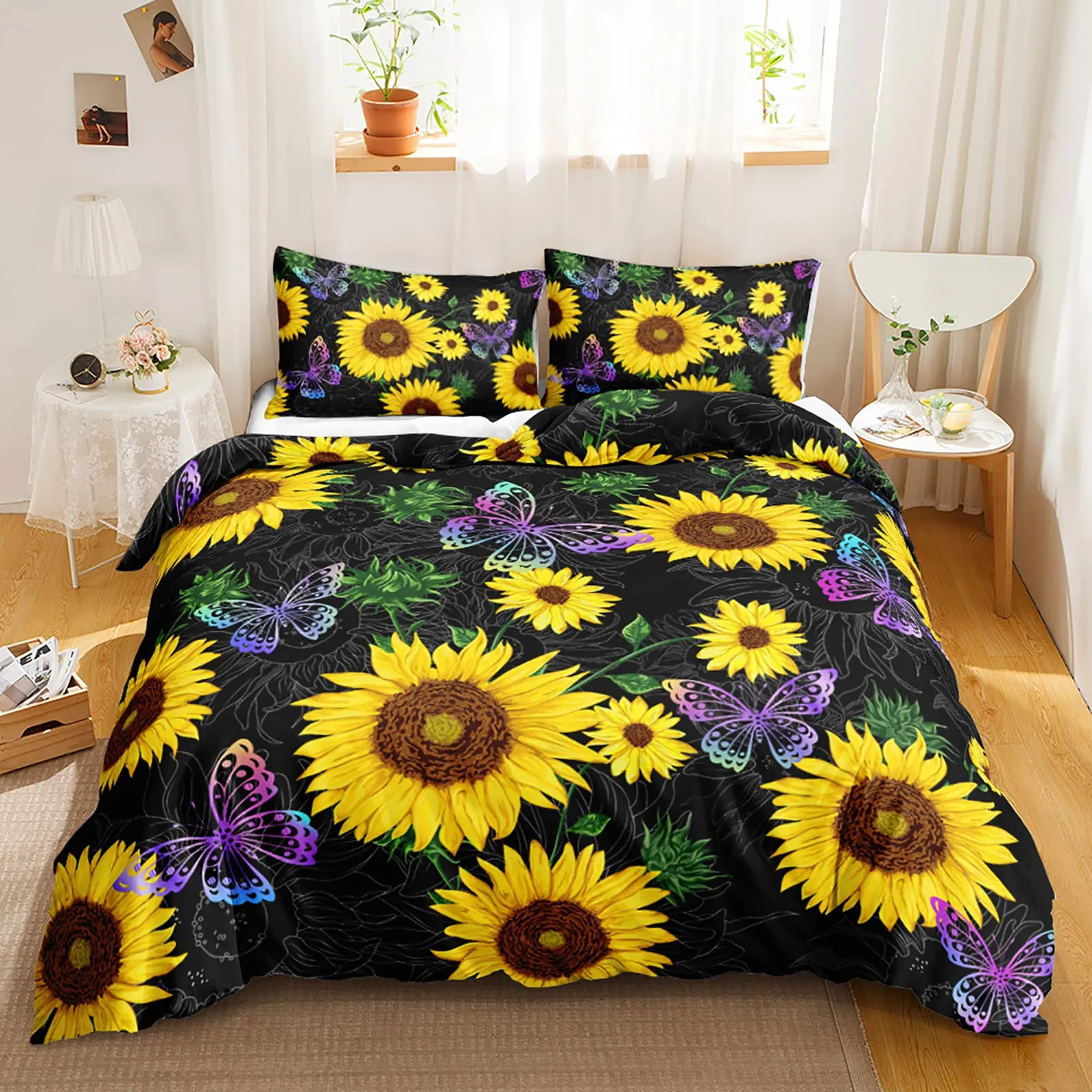 Zonnebloem dekbedoverdeksel gestreepte beddengoedsets Zwarte strepen gele zonnebloemen Design White Black Boys Girls Quilt Cover Queen