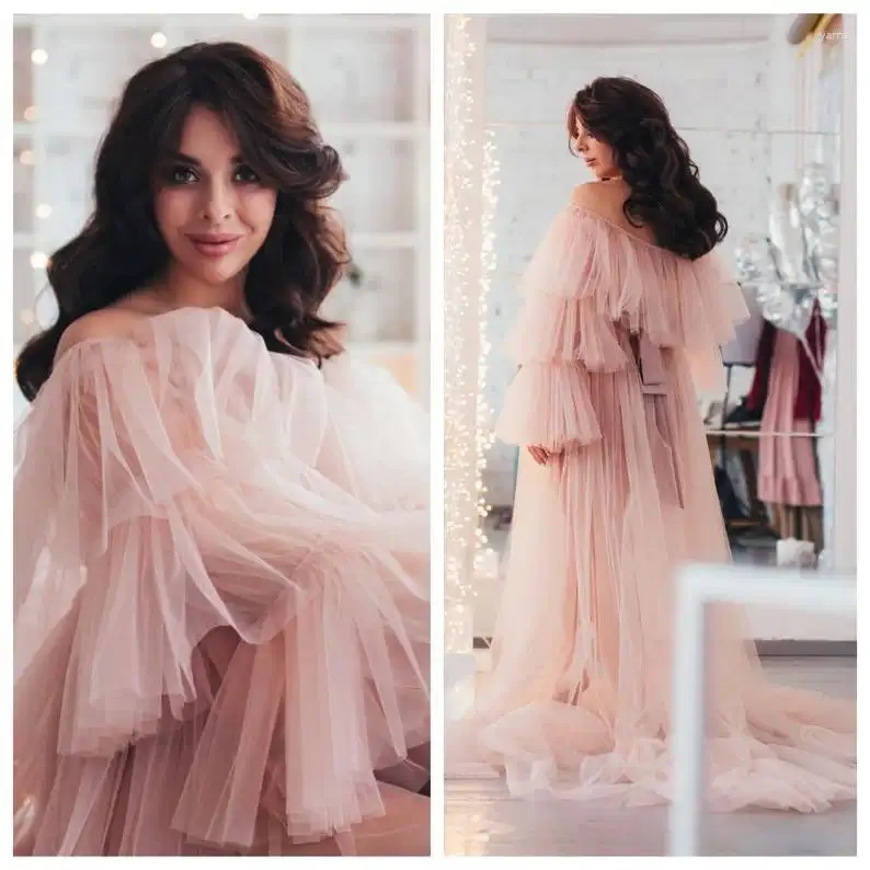 Abiti casual sexy Rosa maternità Tulle A lungo lungo la spalla Abito trasparente Vedi attraverso l'abito blush