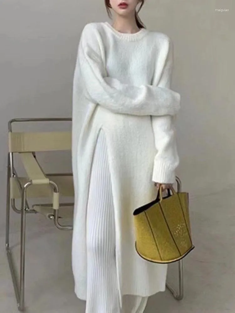 Robes décontractées Pullor Long Pull Femmes Habille surdimensionnée Coréen Mode coréenne Côté supérieur Slit O Col Automne