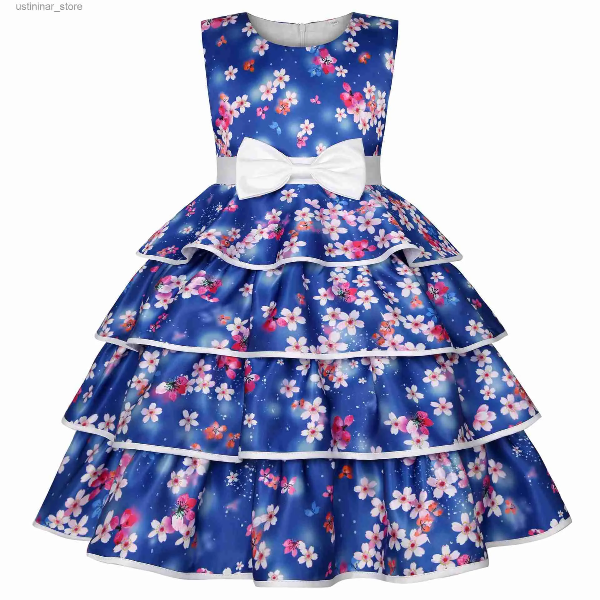 Girl's Dresses New Girls Flowers Print Puffy Dresses Children Sweet Princess Dress Bow Designer Party Evening Gown Clothes Dress 2-10 Years L47