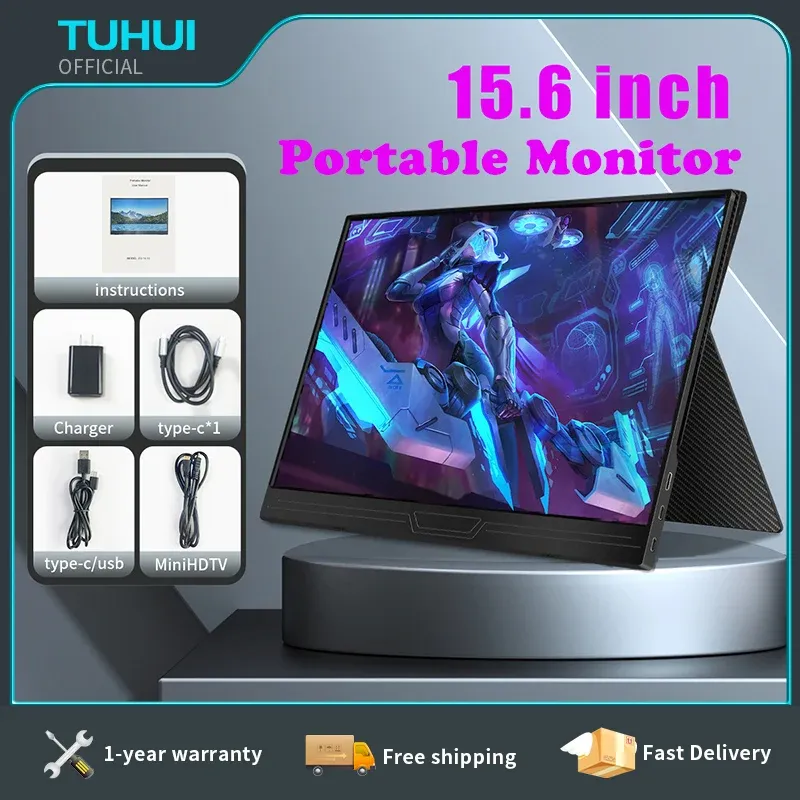 모니터 Tuhui 15.6 인치 휴대용 모니터 게임 FHD 1080p IPS USBC MINIHDMI 전화 MAC 노트북 PC 스위치 Xbox PS4/5를위한 여행 디스플레이.