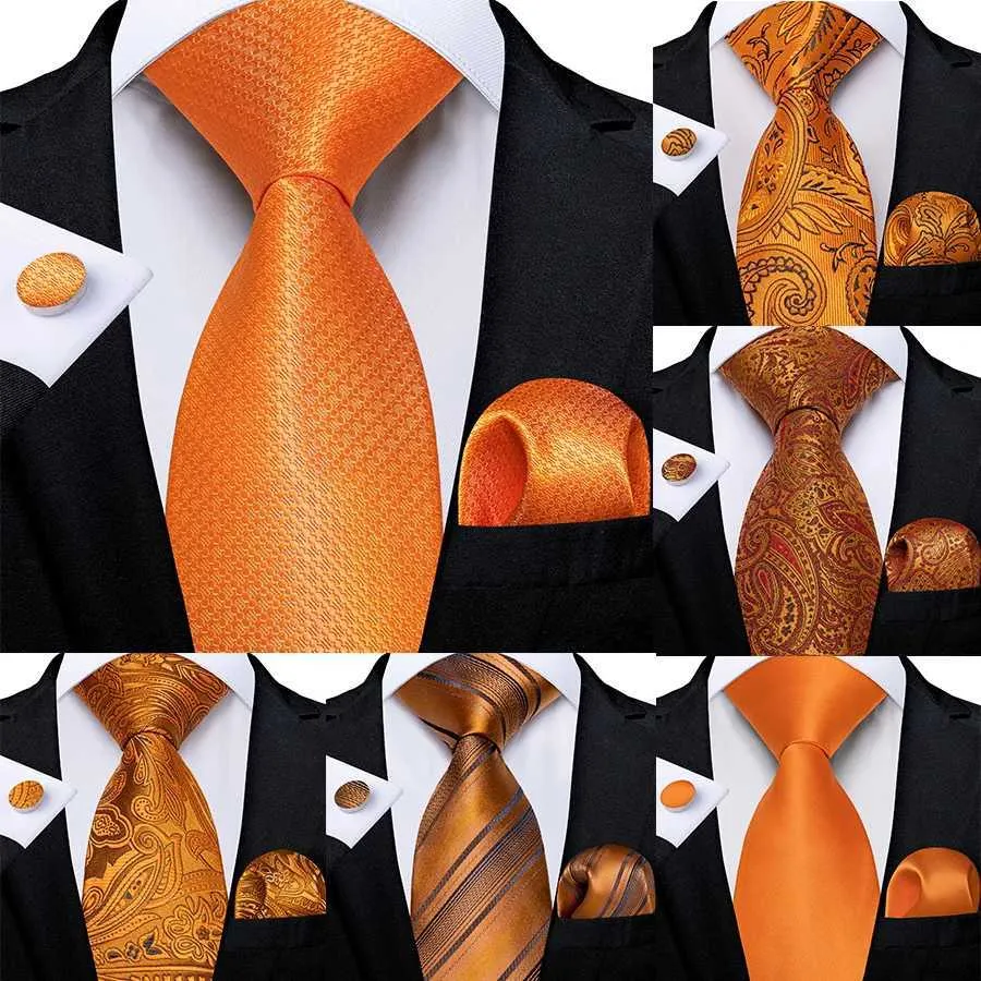 Coules de cou Gift Mens Tie Orange Stripe Silk Wedding Tie Mens Dibangu Design Hanky Cuffe Links Hi-Quality Mens Tie Set Direct Shippingc240410