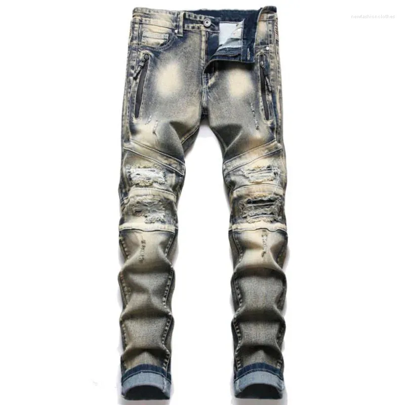 Jeans masculin 2024 Biker Mentier Retro Retro Automne Streetwear Pantalons Men Hole Slim Détruit Torn Ripped Denim Pantals Vaqueros Hombre