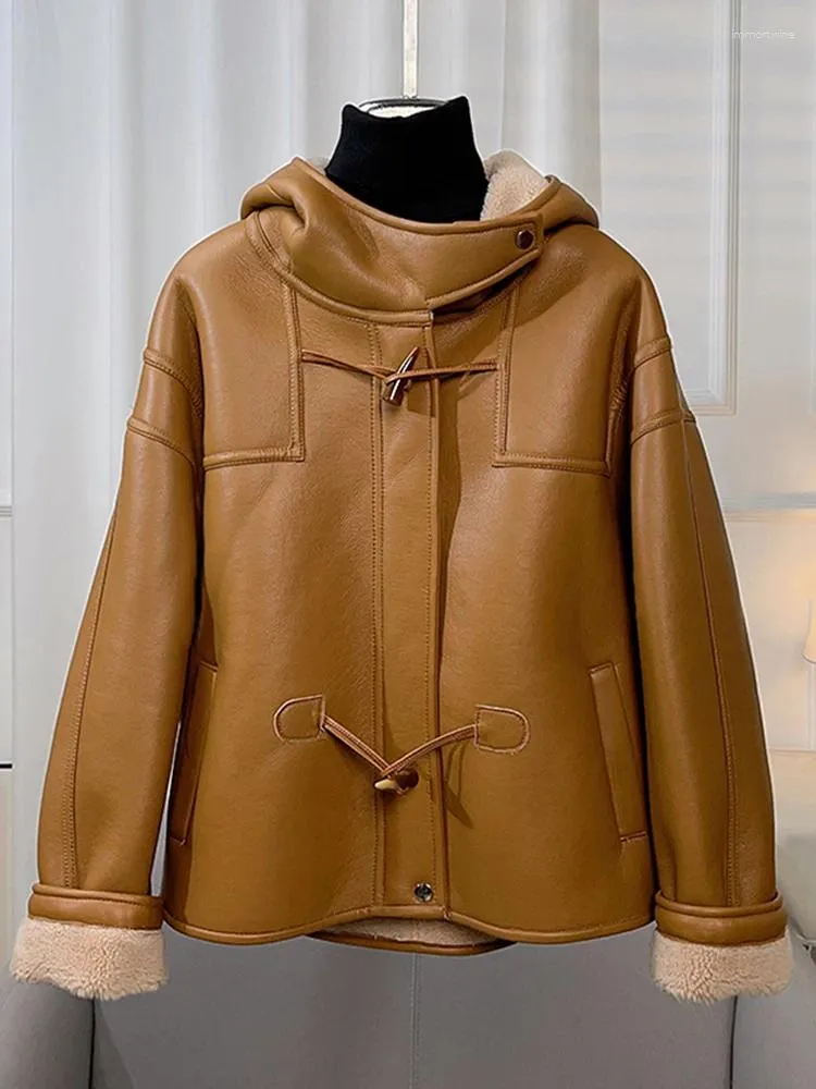 Womens Winter Fur Coat Short Hooded Lamb Grass Leather Jacket