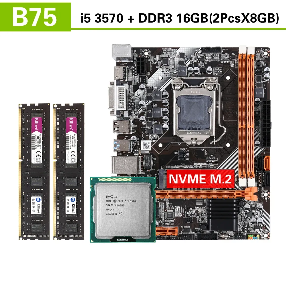 Moderbrädor Kllisre B75 Kit Motherboard Set med Core i5 3570 2 x 8GB = 16GB 1600MHz DDR3 Desktop Memory NVME M.2 USB3.0 SATA3