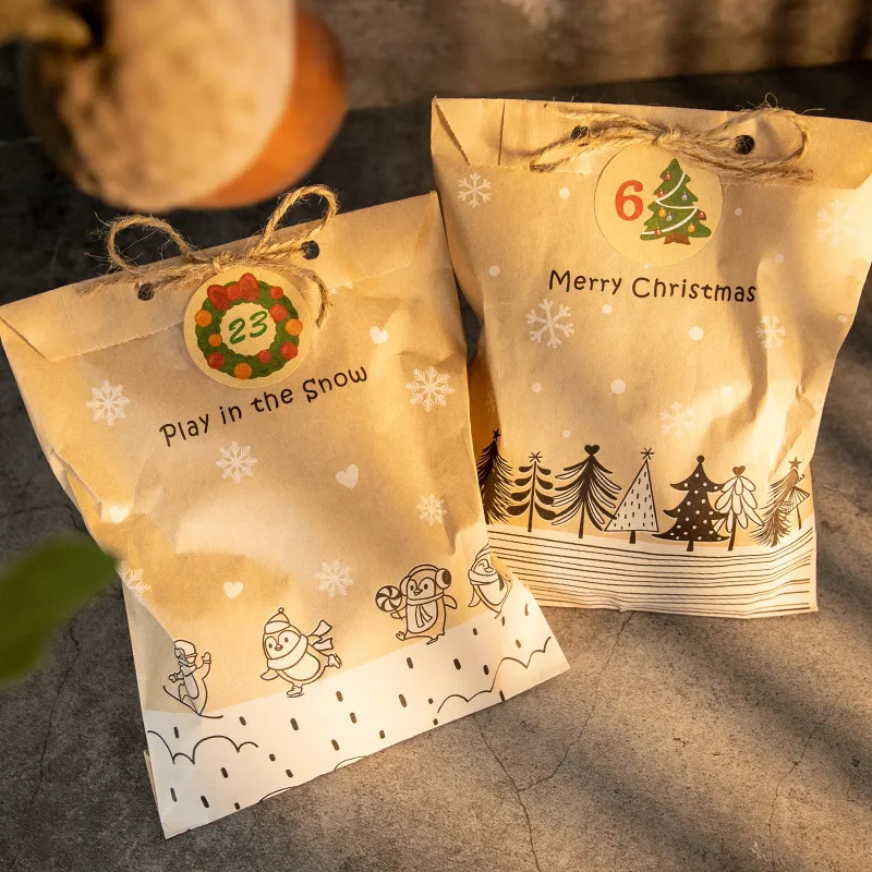 24sets Christmas Kraft Paper Gift Bags Favor Packing Set  Pouch Xmas 2022 New Year Favors Supplies Gift Bags Party Decor