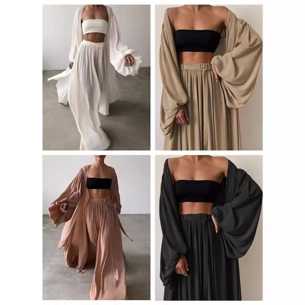Sexy Women Three Piece Sets Fashion Casual Wrap Solid Tops And Wide Leg Pants Suits Elegant Soft Female 3 Piece Outfits