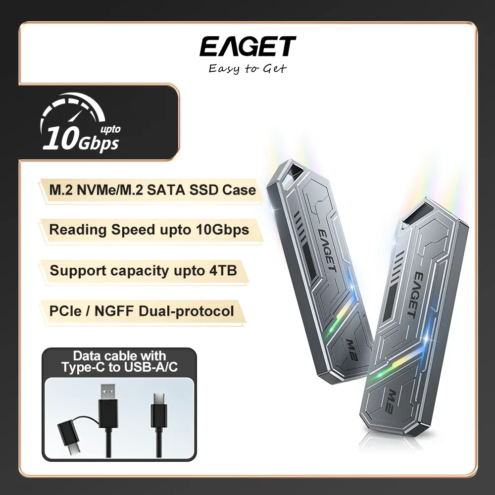 Корпус EAGET M.2 PCIE SSD CASE NVME Двойной протокол M.2 до USB Тип C 3.1 Adapter SSD для NVME PCIE NGFF SATA SSD Коробка диска M.2 SSD Case