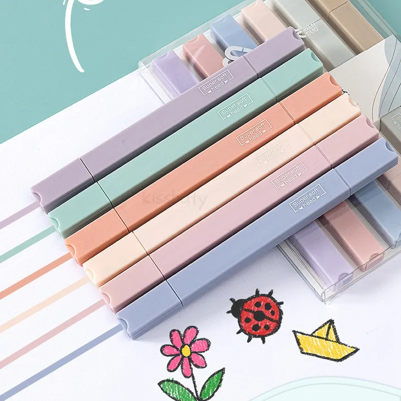 6 PCs/Ste Super Soft Double Tip Highlighter Pens Kawaii Candy Color Manga Markers Kawaii Pastel Stationery Journal Supplies