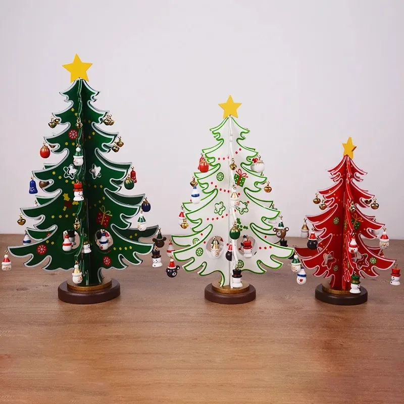 Stereoscopische kerstboom Diy Hand Montage multipwood houten scène lay-out kerst 3-kleuren vorkboom vensterdecoraties