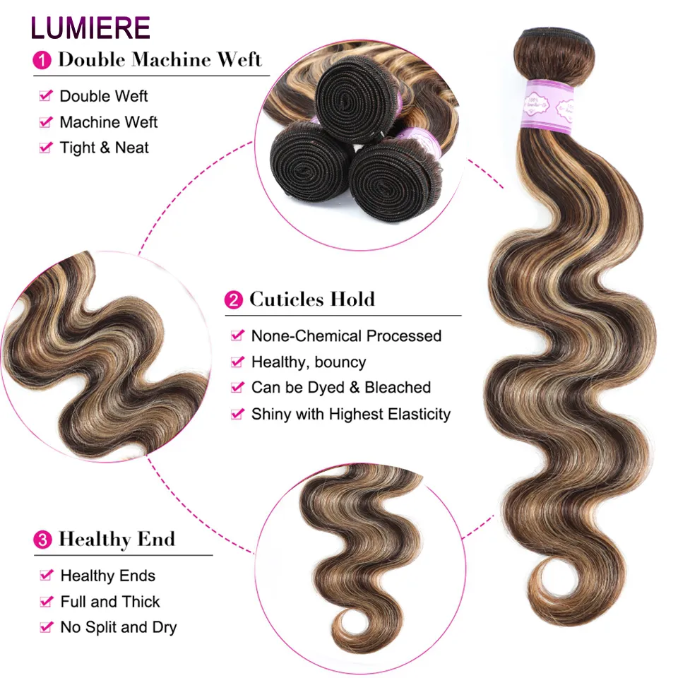 Highlight Body Wave Human Hair Bundles With 4X4 5x5 6x6 HD Lace Closure Brazilian Ombre Hair Weave Bundles With Closure Frontal