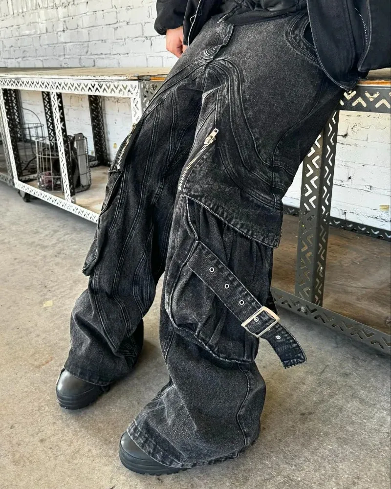 Y2K Goth Retro hoch taillierte Punk-Jeans Männer Persönlichkeit Hip Hop Fashion Multipocket Casual Baggy Weitbeinige Jeans 240329