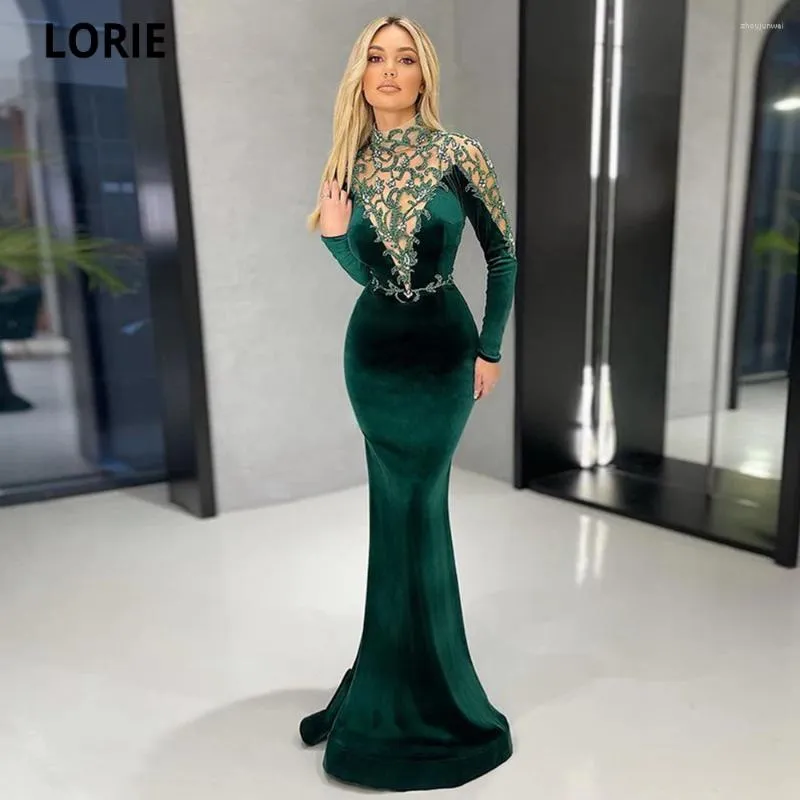 Abiti da festa lorie abito da sera caftano marocchino Appliques oro manica con cappuccio in pizzo Royal Green Mermaid Velvet Arabic Gowns