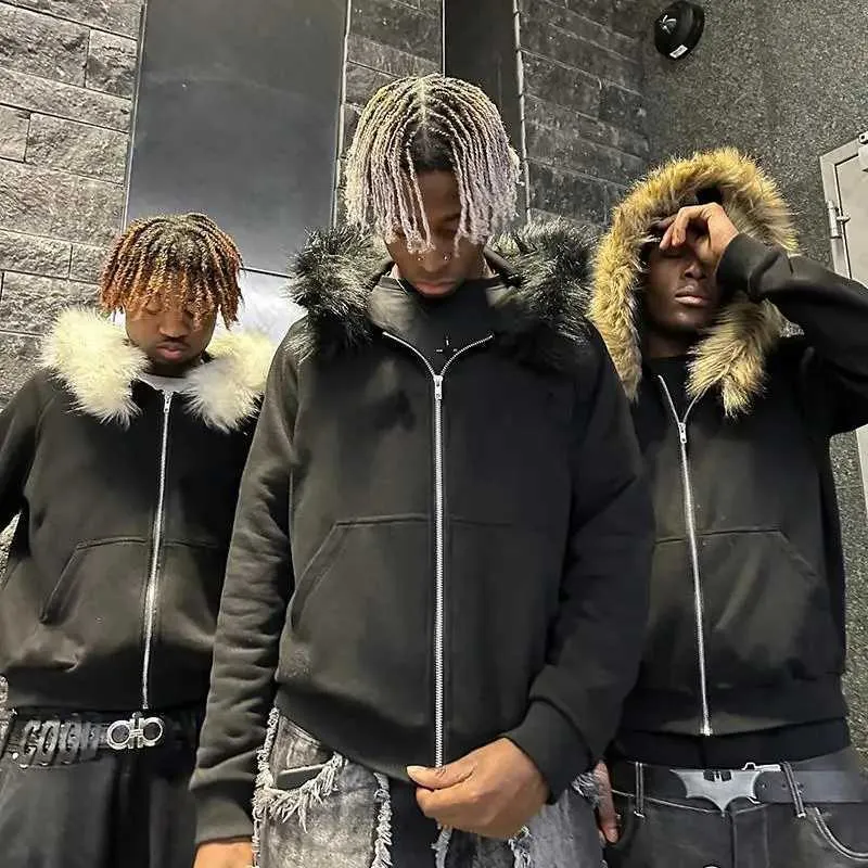 Zip Hoodie Mens Faux Fur Collar Harajuku Y2K Goth From Yoqloa