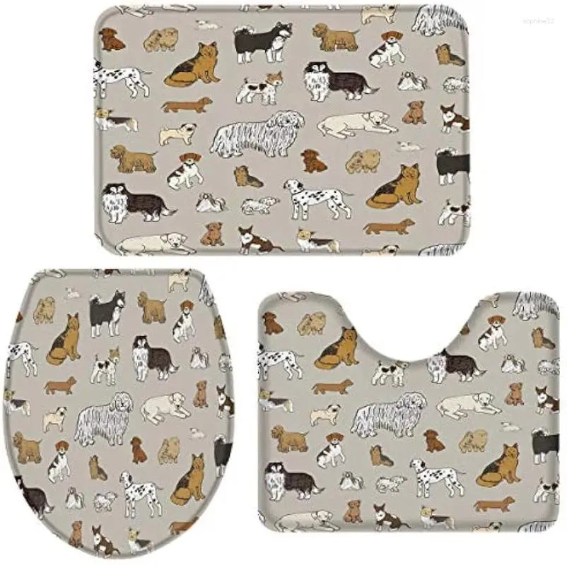 Tapetes de banho Big Buy Store Cartoon Dog Banheiro conjunto de 3 incluem tampa de tampa de vaso sanitária em forma de U Mat em forma de contorno e absorvente