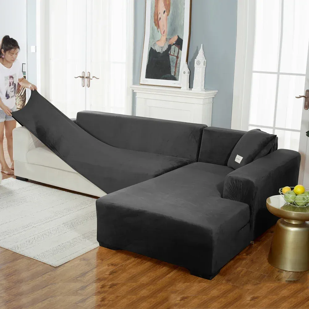 Velvet soffa täcker elastisk sektionssoffa täckning lformad soffa slipcovers fall fåtölj chais lounge fodral för vardagsrum