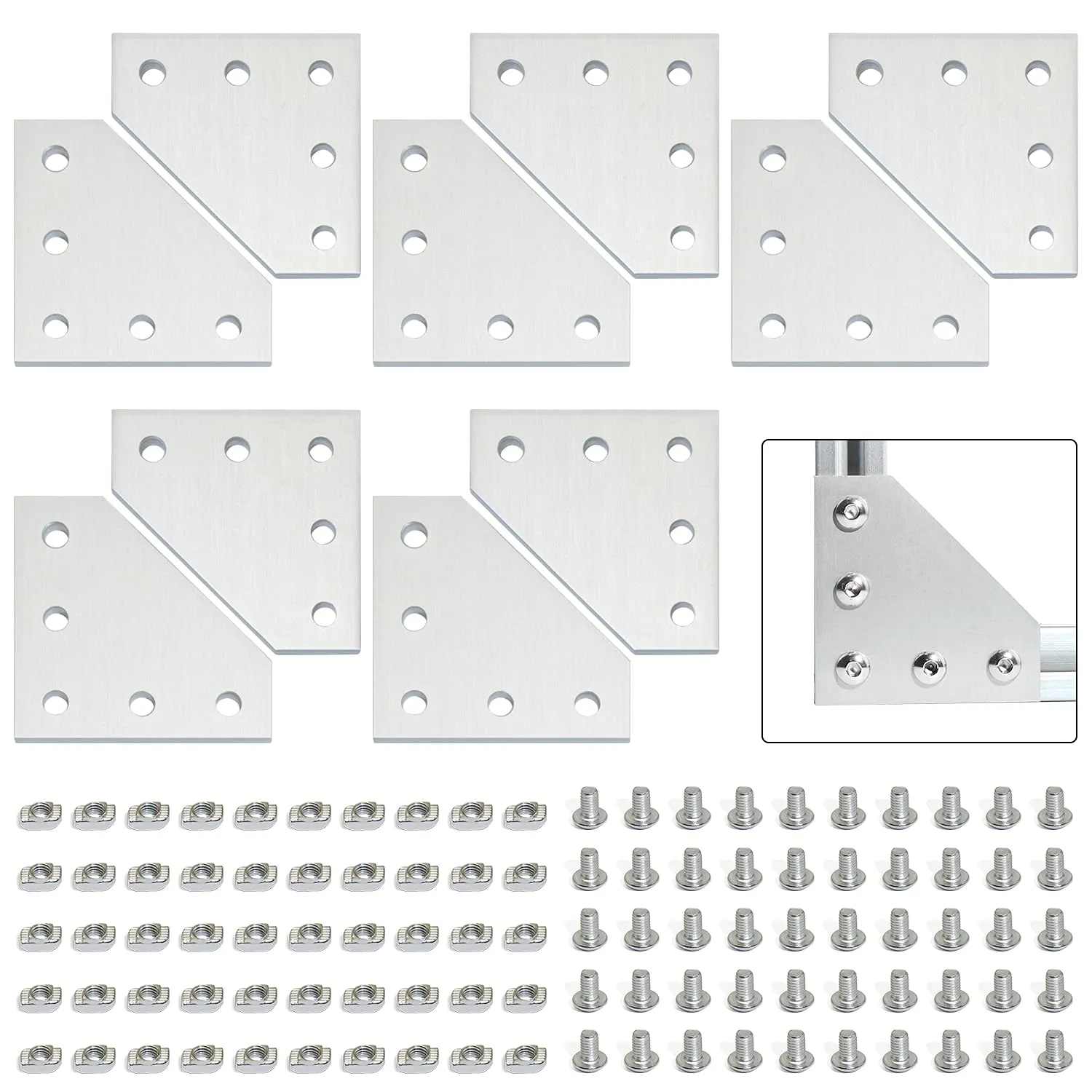 10pcs Aluminum Alloy T-Slot L-Join Plate and 50pcs M5x8 Hex Screws and 50pcs T-Nuts for 2020 Series Aluminum Profiles