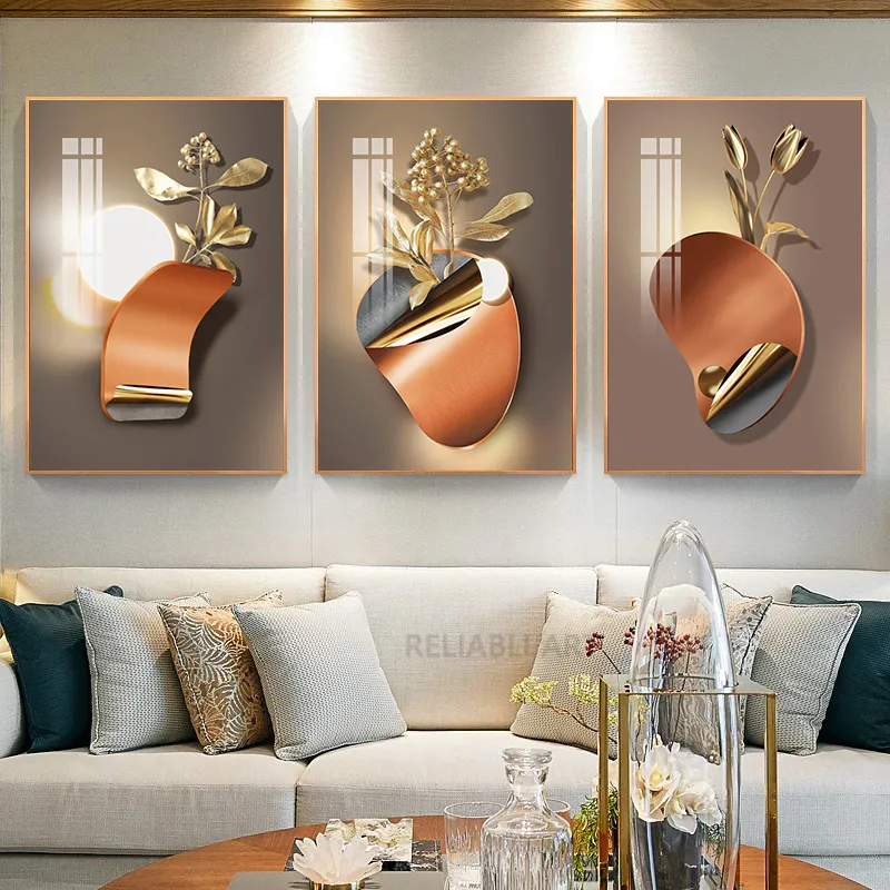 Nordic Golden Flower Luxury 3d lienzo floral Pintura de oro Hojas de oro Carteles y estampados Arte de pared de sombra ligera para sala de estar de porche