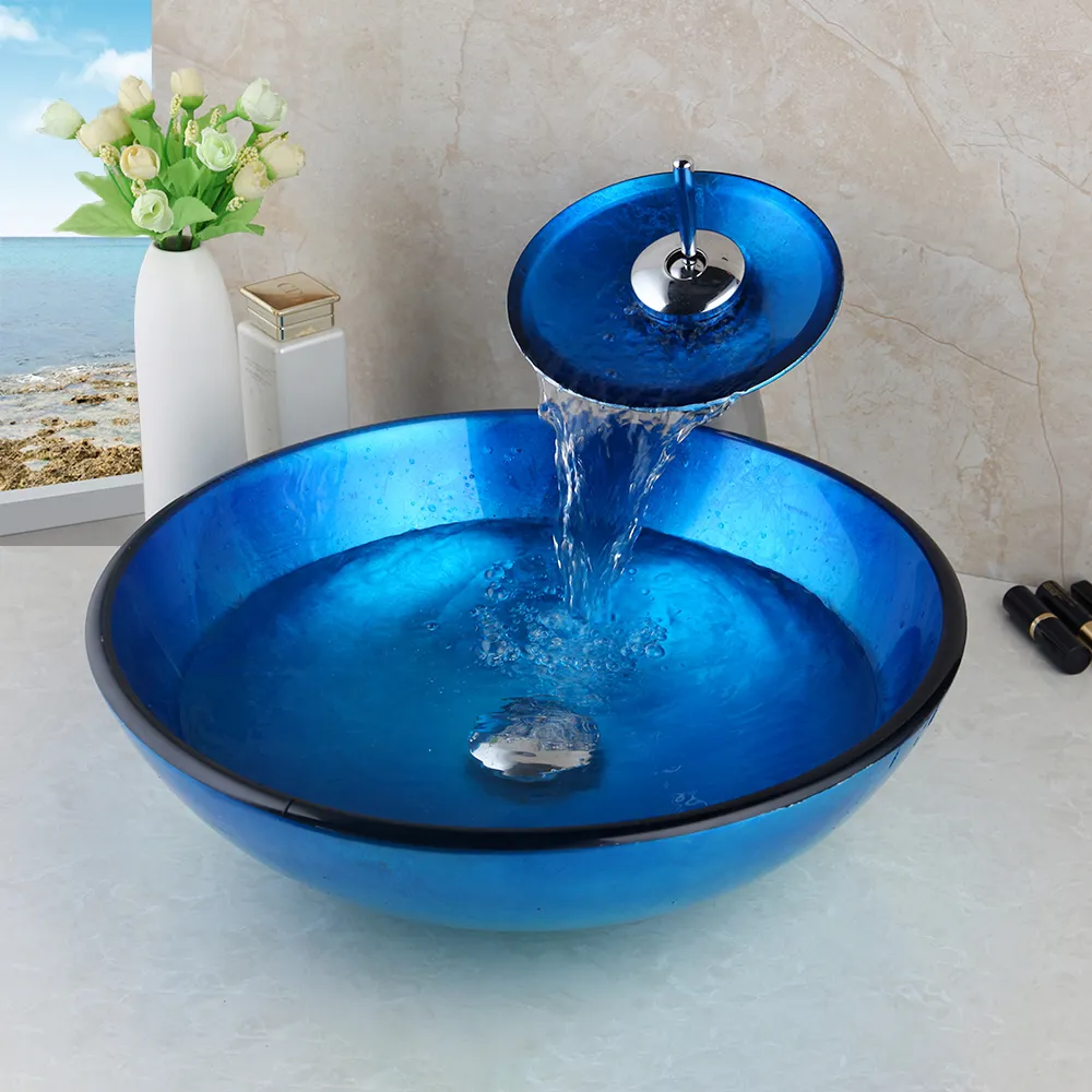 KEMAIDI Artistic Glass Vessel Basin Sink Chrome Faucet & Pop-Up Drain Combo Set Bathroom Basin Sink Set Waterfall Mixer Tap