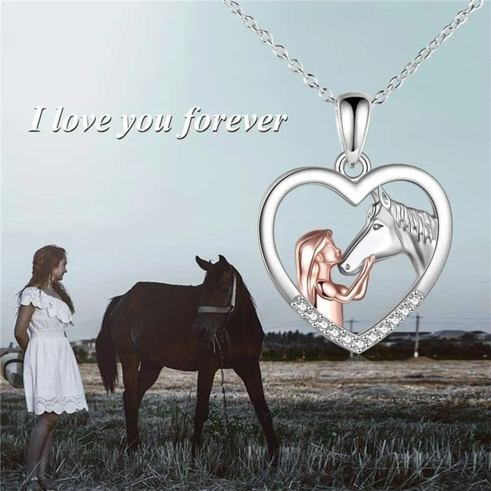 New Girl and Horse Colorful Two Tone Pendant Rose Gold Heart Necklace