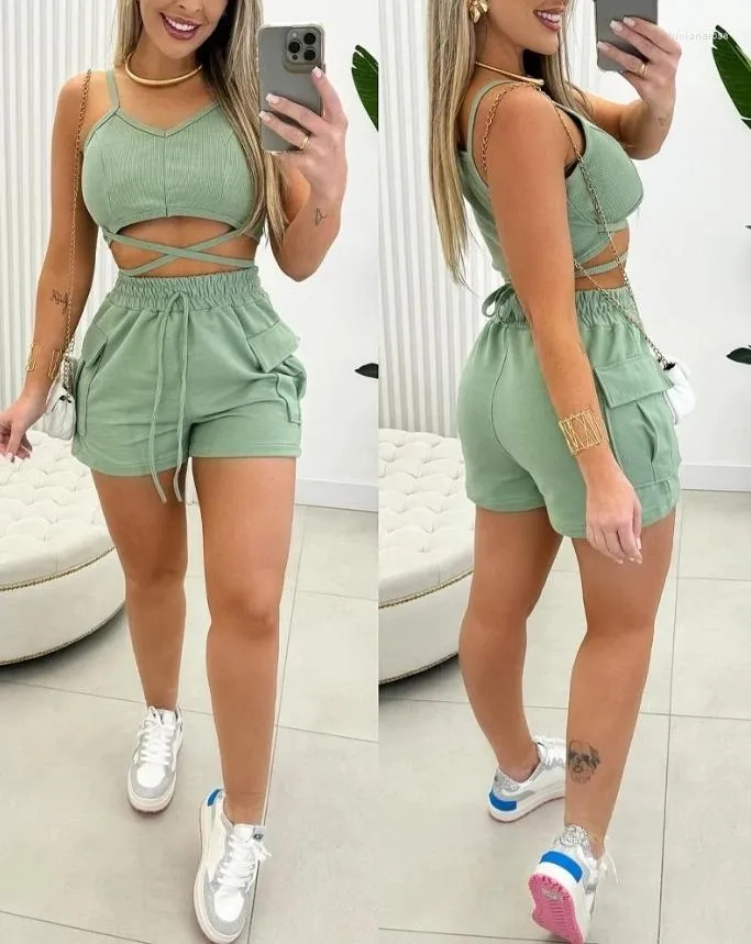 Women's Tracksuits Vacation Suits 2024 Summer Latest V-Neck Spaghetti Strap Crisis Cross Top&drawstring Pocket Design Skinny Shorts Set