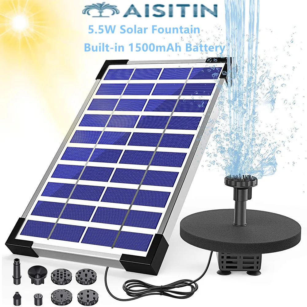 Aisitin 5.5W Solar Fountain Pump inbyggd 1500mAh Batterisolvattenpump Flytande fontän med 6 munstycken, för fågelbad osv.