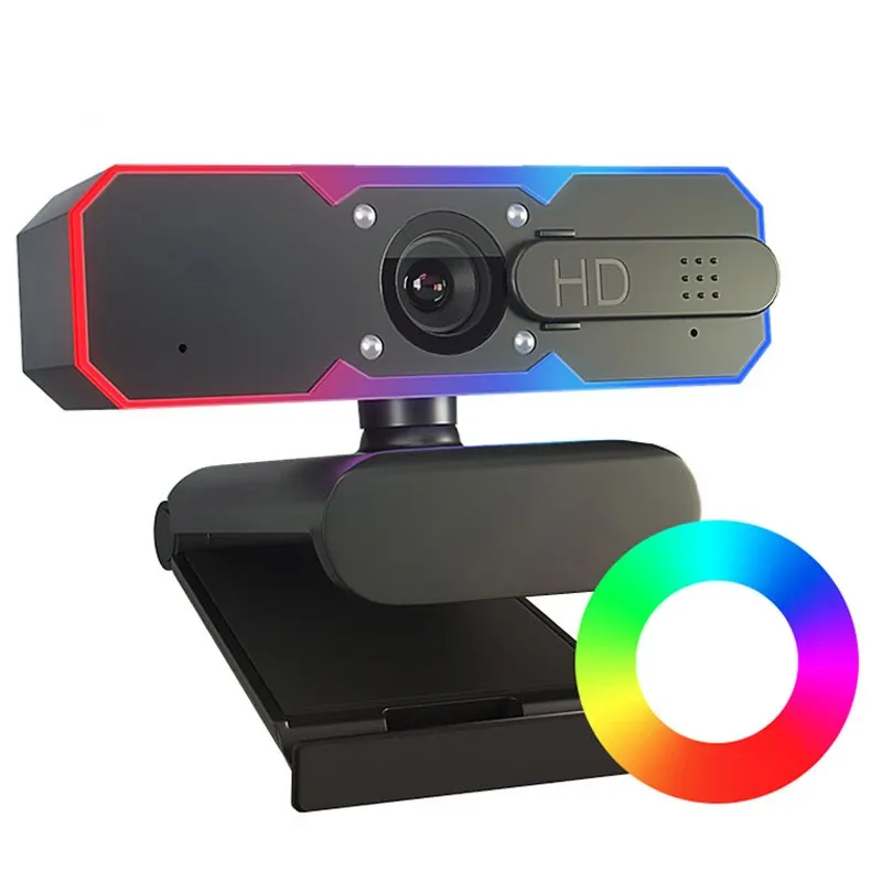 Webcams RGB Led Light Game Webcam 1080p 60fps USB Camera For Gaming PC Computer Web Cam With Microphone 7 Color Change