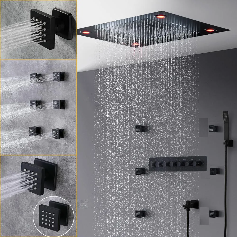 Matt Black Spa Massapge Charge de douche Précipitant la cascade des jets latéraux Valve thermostatique 6 fonctions