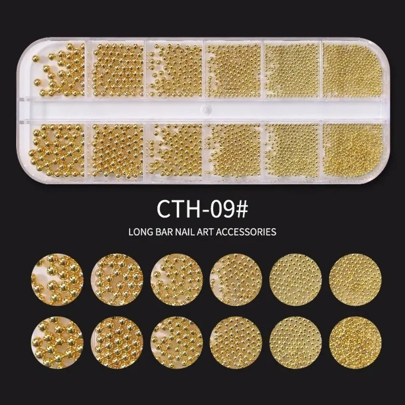 12 شبكات/مربع احترافي فن الأظافر الفولاذ المقاوم للصدأ الذهب والفضة الورد الذهب المعادن مصغرة كافيار الأظافر حبات 3D ديكور ديي