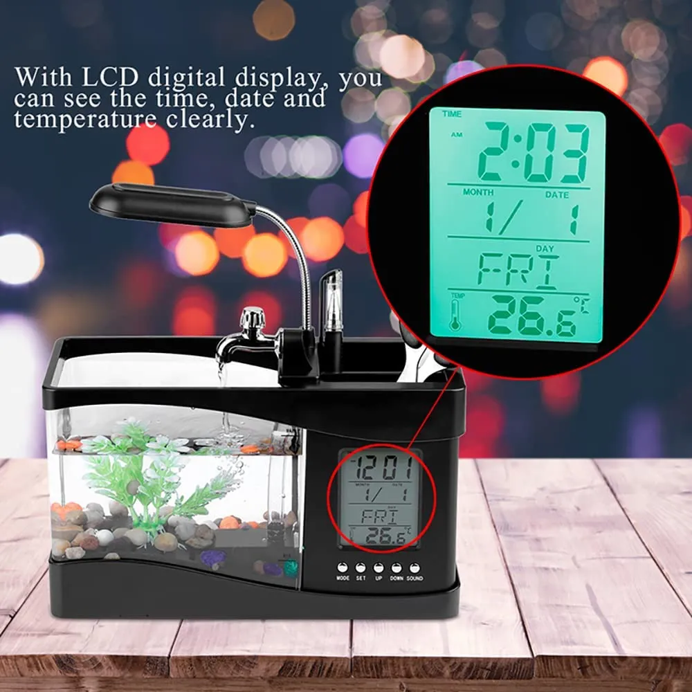 1PCDC 5V USB Desktop Mini Fish Tank Aquarium LCD Timer Clock Lamp Lamp Black Color 24 * 10 * 14cm