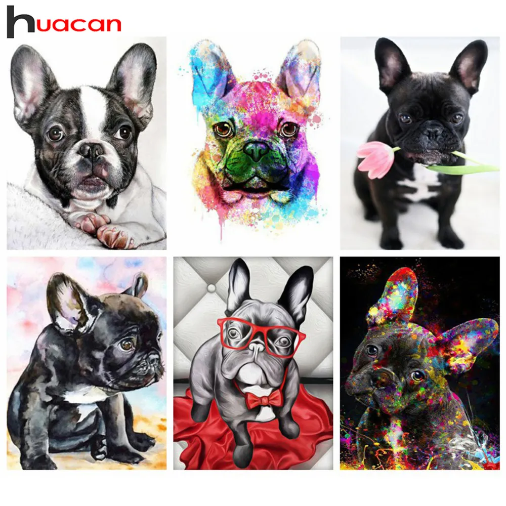 Huacan Square Round Diamond Art Paint French Bulldog 5d Briderie de bricolage Mosaïque Couleur Animal Décor