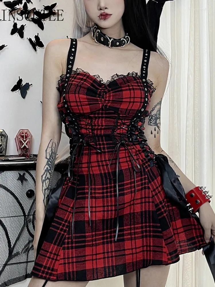 Casual Dresses Inscutee Y2k Gothic Red Plaid Dress Women Streetwear Harajuku Lace Patchwork Bandage Corset Fashion Coquette Alt