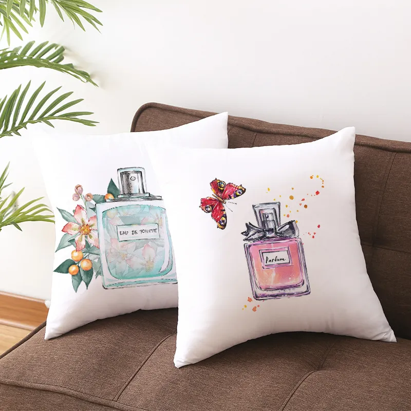 Top Perfume Bottle Series Valentine's Day Pillow Case Peach Skin Printed Pillow Case Home Fabric Square Sofa Cushion Cover