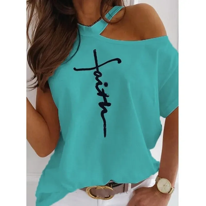 Printed Tshirt Women S3XL Size Ladies OneShoulder Letters Tops Summer Loose и Mite Fashion Top Sexy 240410