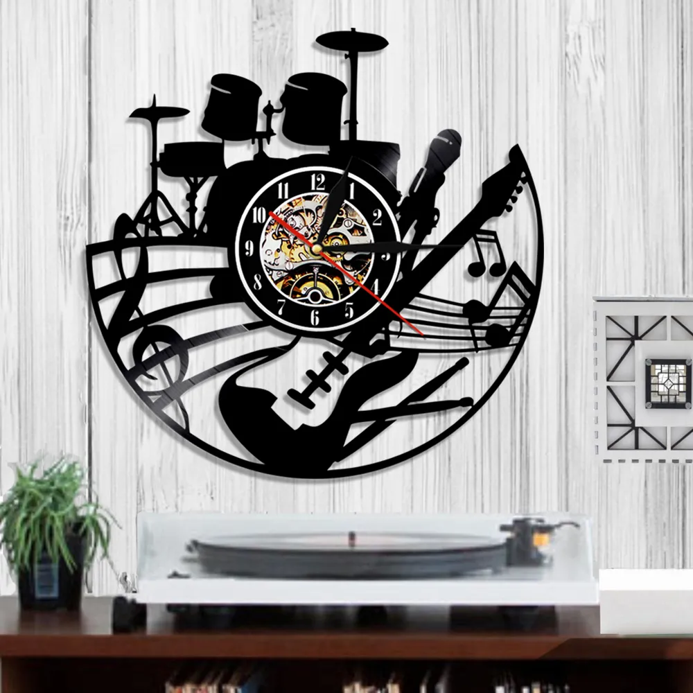 Chitarra e tamburo da parete in vinile orologio moderno design rock n roll strument strumento clock cronometro batterista amante del chitarrista